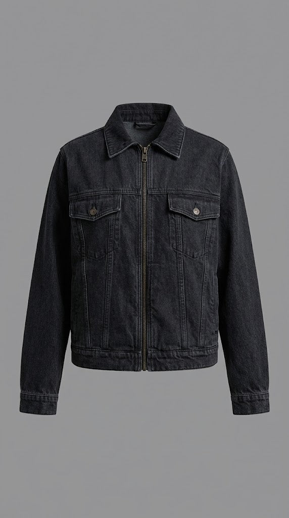 Black Zip-Front Denim Jacket