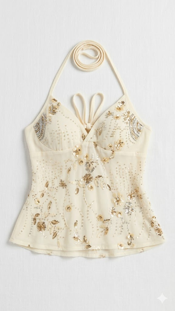 Cynthia Sequined Mesh Halter Top