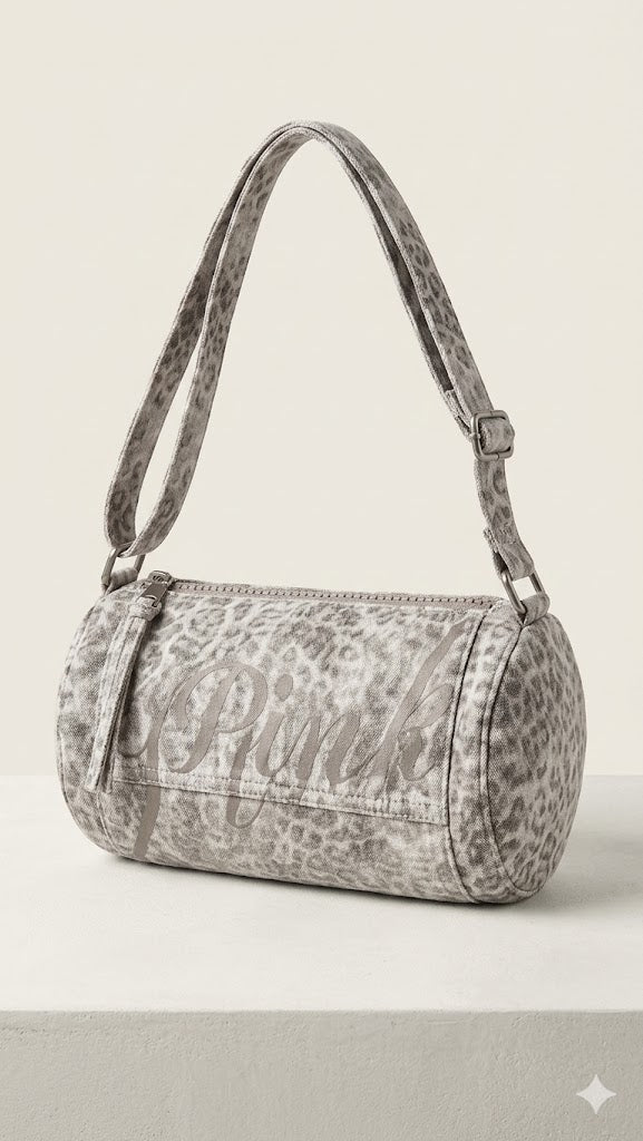 Grey Leopard Print Barrel Bag