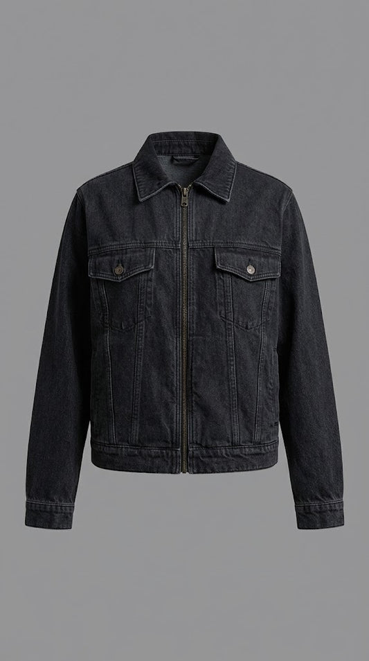 Black Zip-Front Denim Jacket