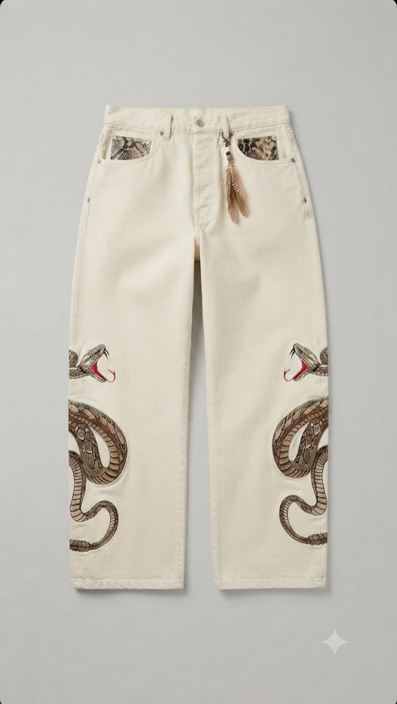 Serpentine Embroidered Off-White Denim