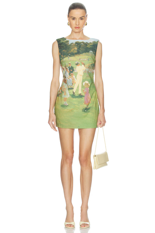 Vintage Landscape Print Sleeveless Mini Dress