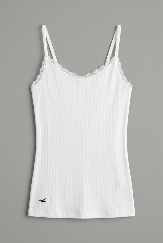 White Lace-Trim Ribbed Cami