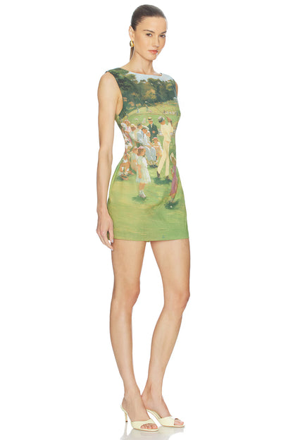 Vintage Landscape Print Sleeveless Mini Dress