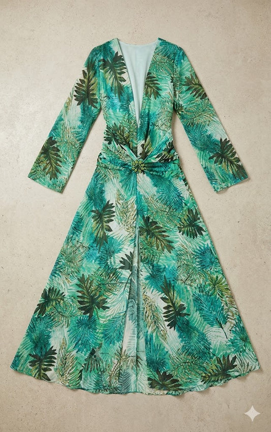 V-Neck Long Sleeve Tropical Print Maxi Gown