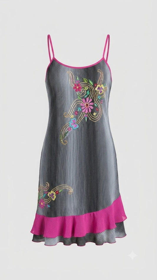 Pinstripe Floral Embroidered Slip Dress