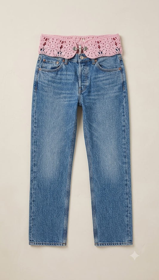 Petal Bloom Crochet-Belt Jeans