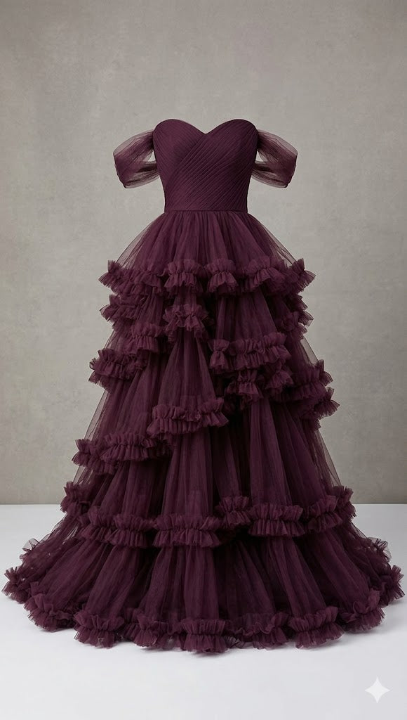 Midnight Bordeaux Tiered Gown
