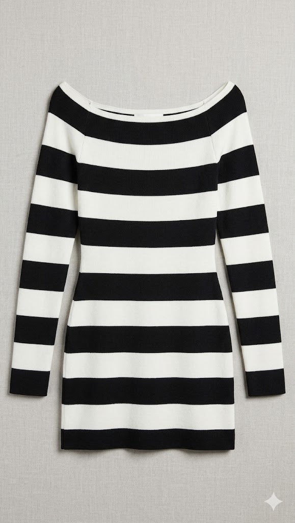 Striped Off-the-Shoulder Knit Mini Dress