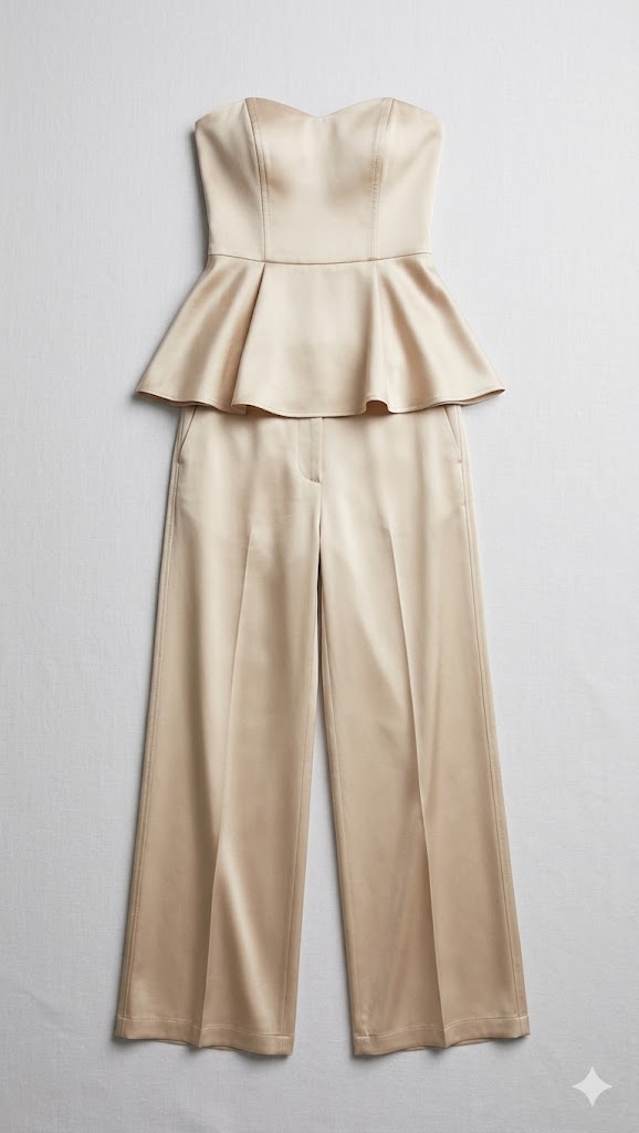 Champagne Satin Peplum Trouser Set